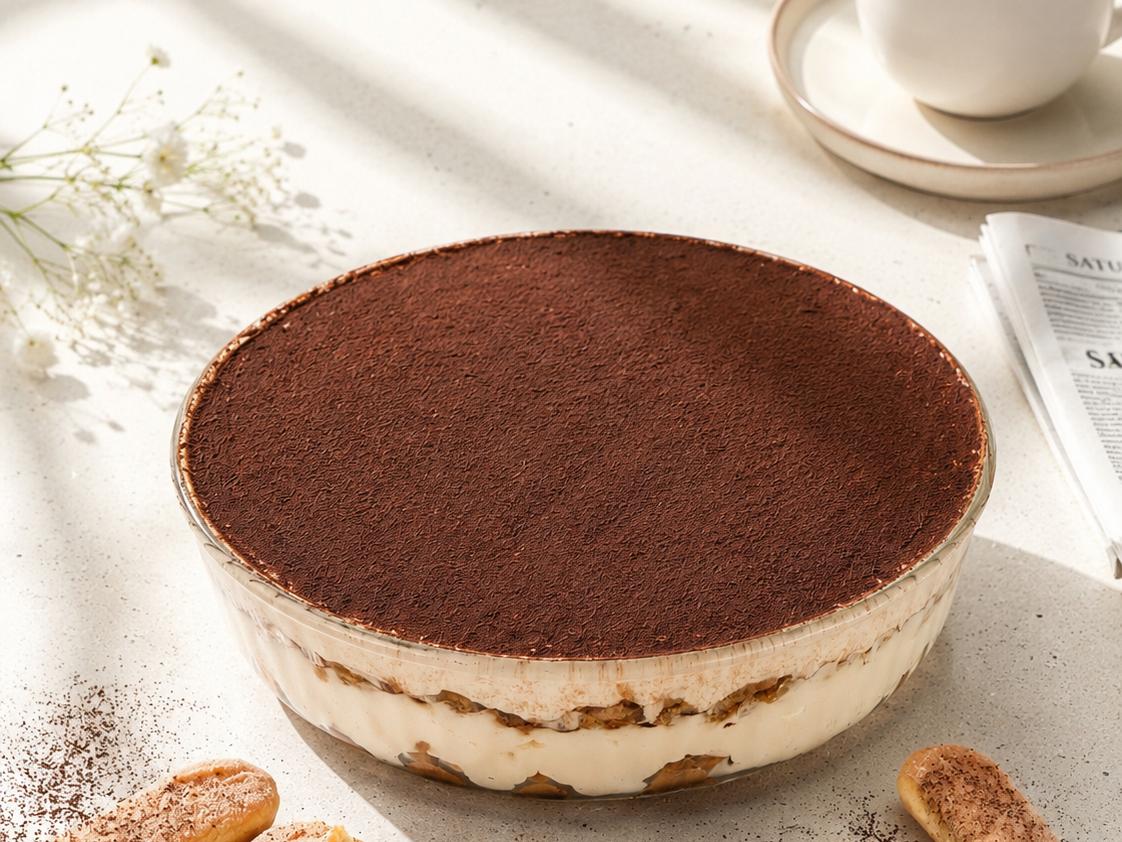 Freshly made tiramisu with a cup of coffee — a Cloud5 signature bake